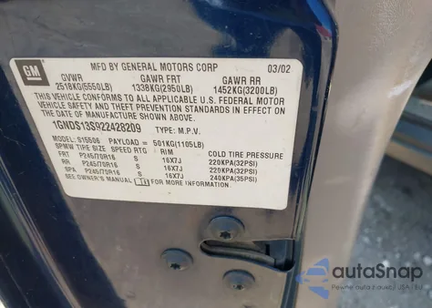 2002 Chevrolet Trailblazer Ls from USA, damaged, VIN 1GNDS13S922428209